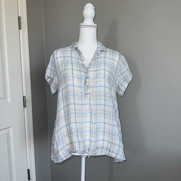 CP Shades 100% Linen Tunic Top 1/4 Button Up Plaid Blue White Cream Womans Sz M - Picture 1 of 6